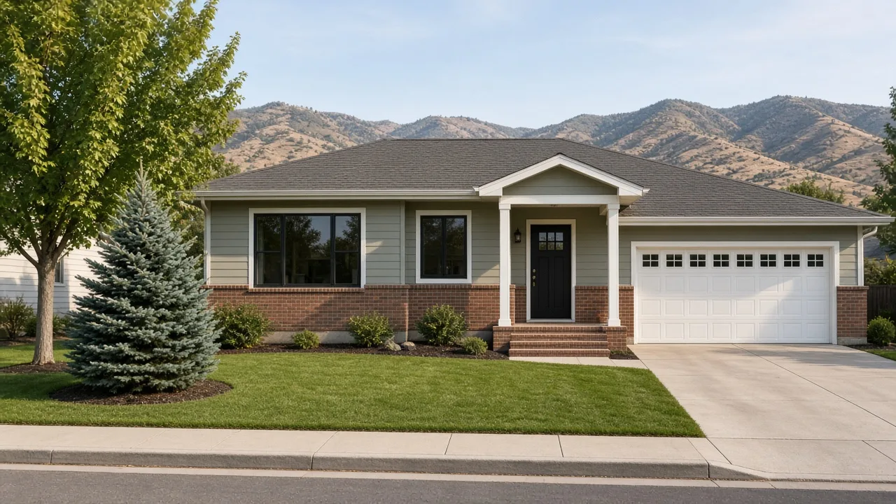 1972 Boise Bench ranch with sage-grey lap siding, brick wainscot, and black-framed windows