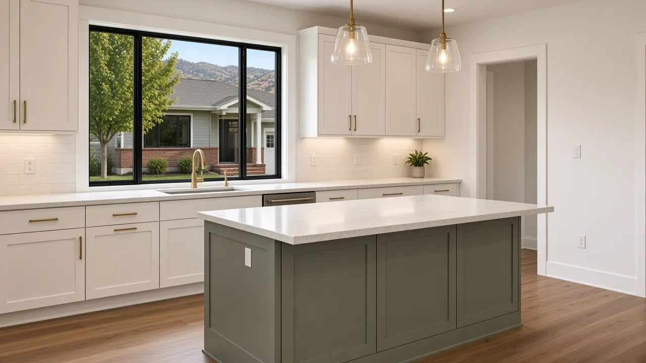 White shaker kitchen with sage island, white quartz, brass hardware, and hickory floor