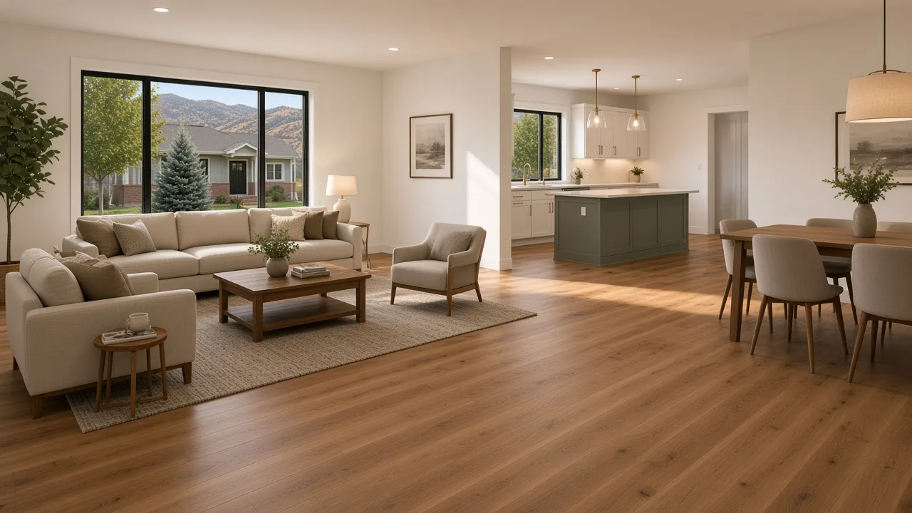 Open living and dining with hickory floor and black-framed windows to the front yard